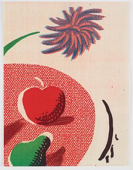 David Hockney, "Flowers, apple and pear on table".