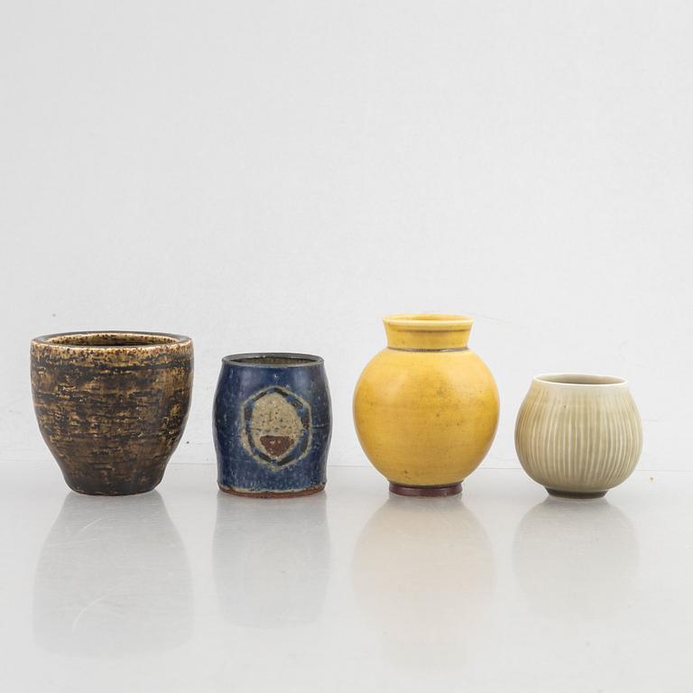 Saxbo Stentøj, (Nylund og Krebs) a set of 4 vases, 1 bowl and a pair of candlesticks, Denmark.