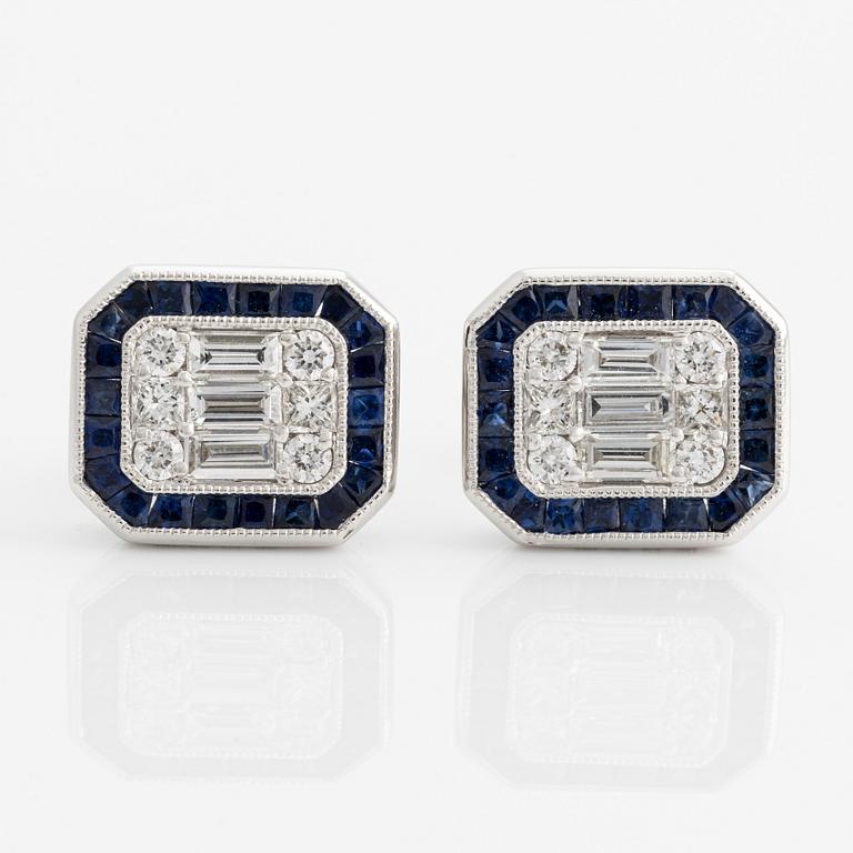 Earrings with baguette and brilliant-cut diamonds and sapphires.