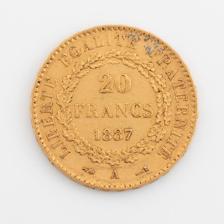 A French gold coin, 20 Francs, 1887.