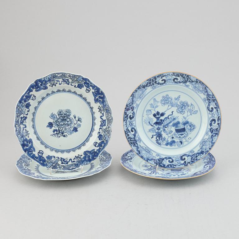 Four blue and white dinner plates, Qing dynasty, Qianlong (1736-95).