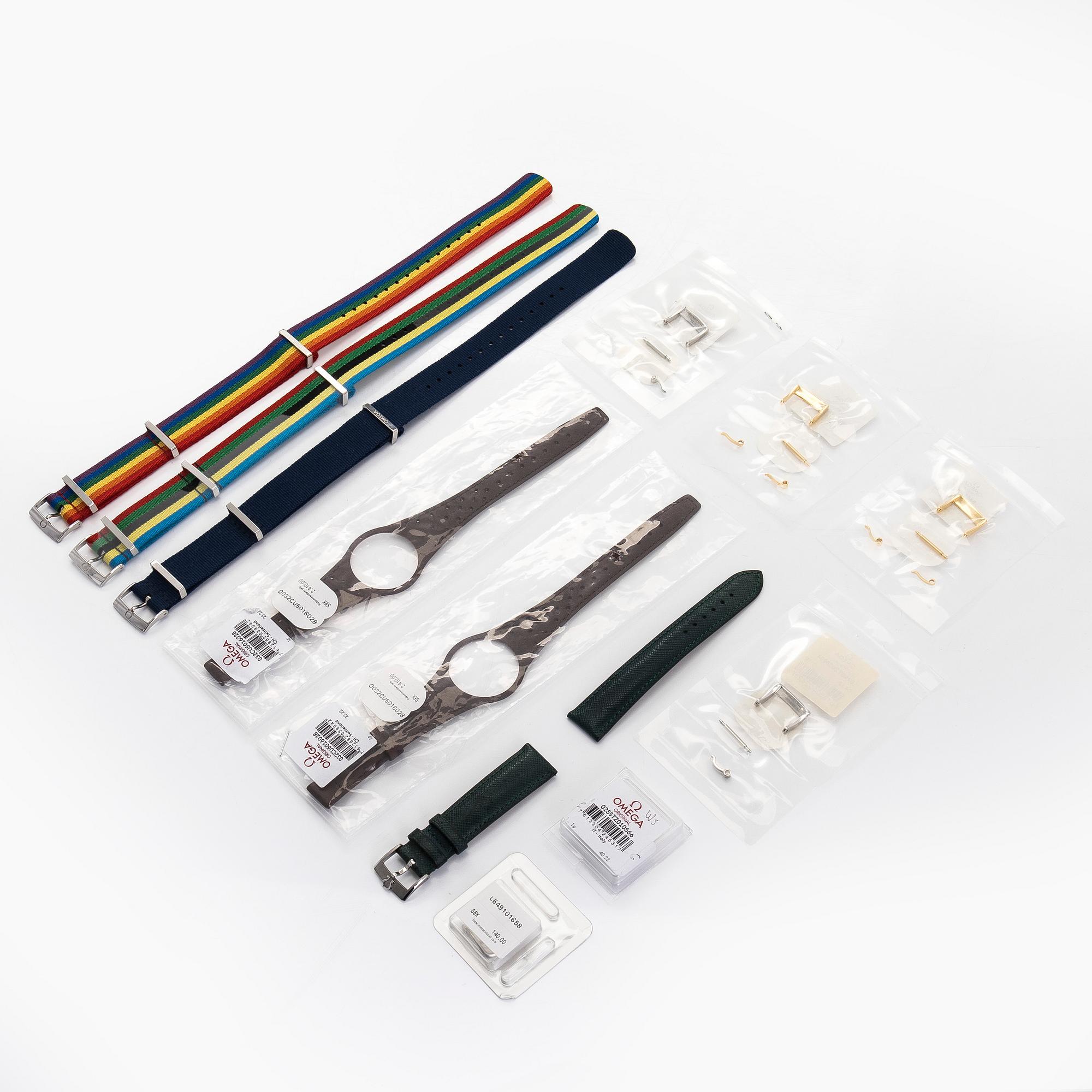 A collection of six watch straps and six buckles, Omega and Longines.