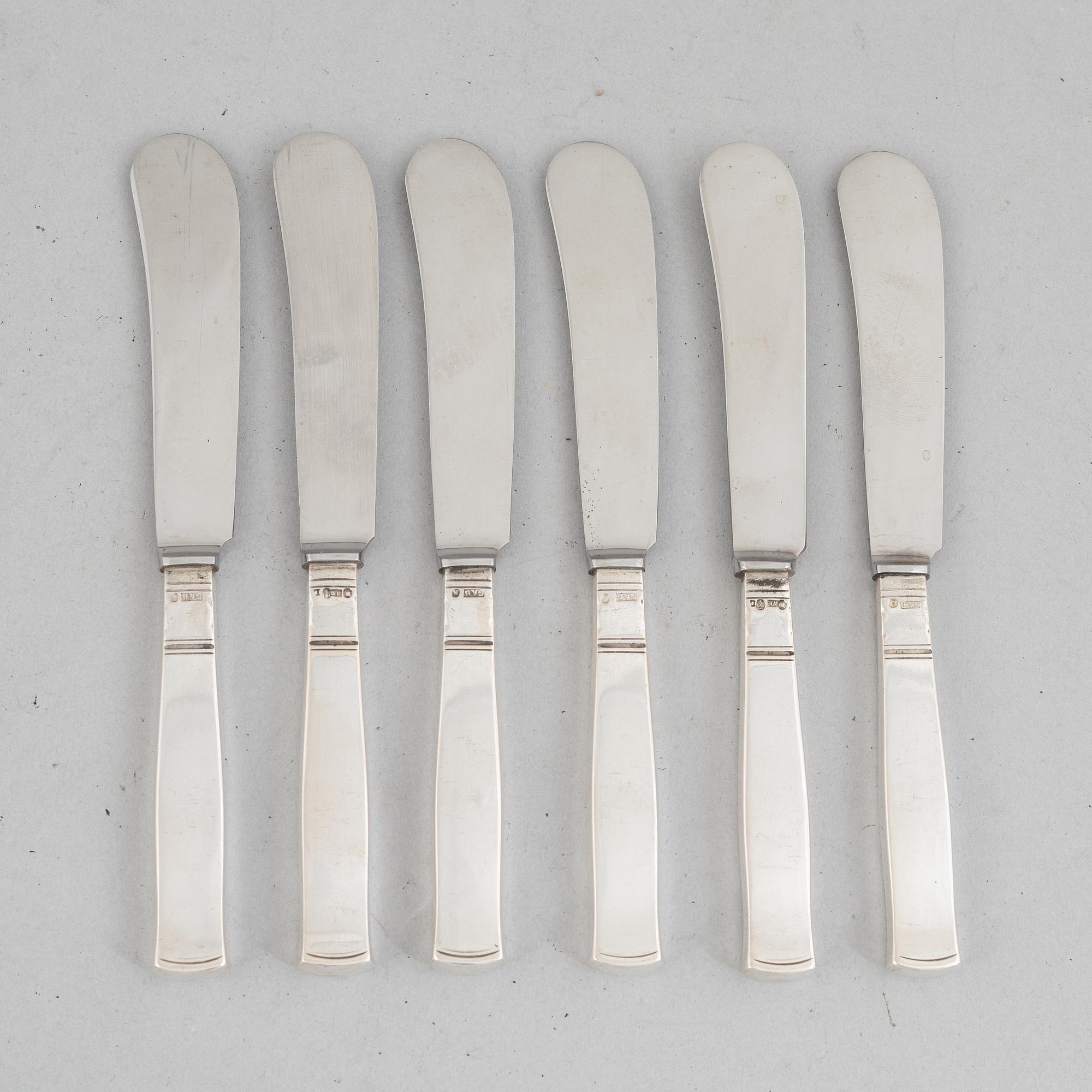 Jacob Ängman, six silver butter knives, model 'Rosenholm', GAB, Stockholm 1951-57.