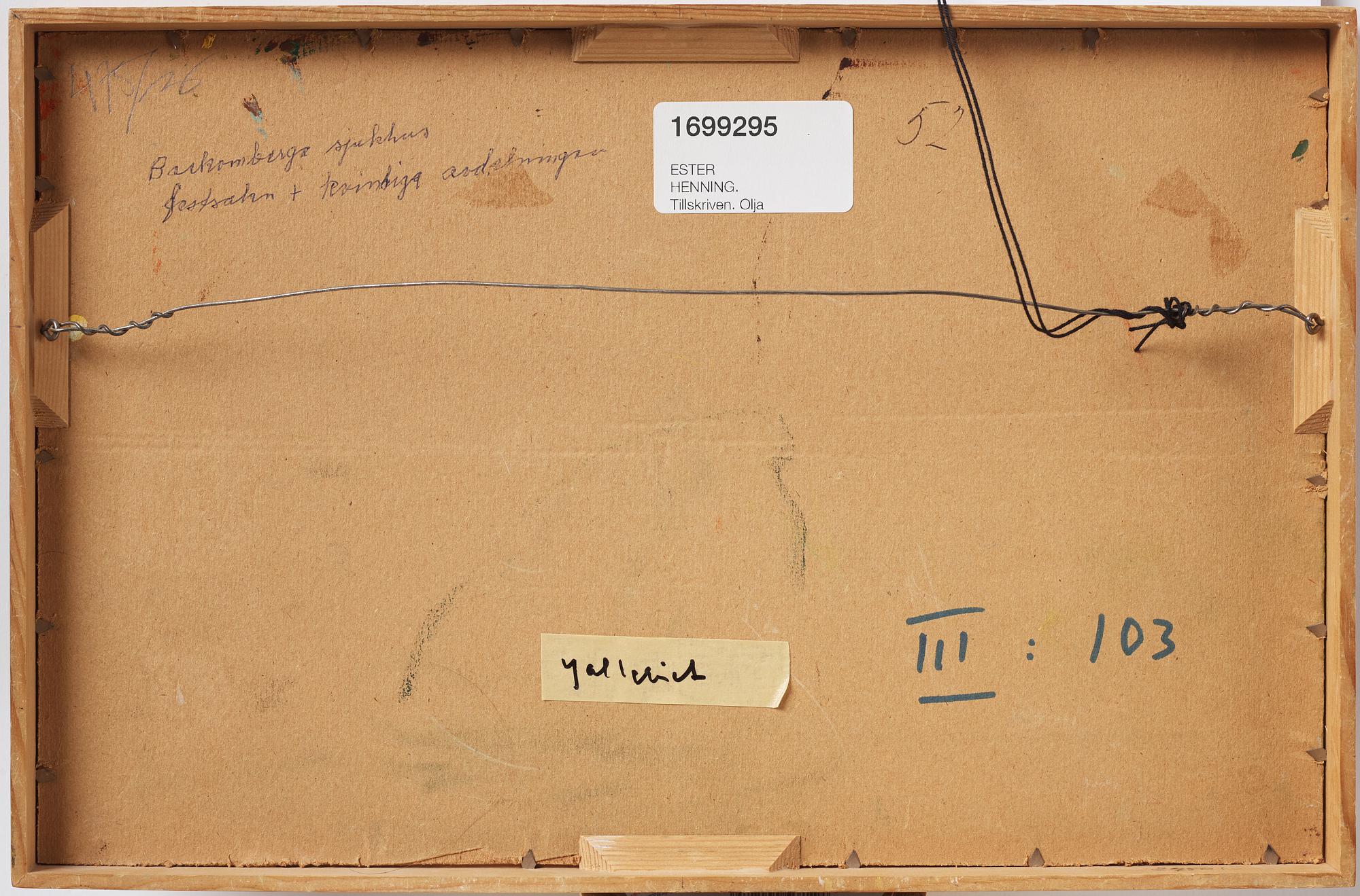 Ester Henning, oil on paper panel, indistinctly signed with monogram in red.