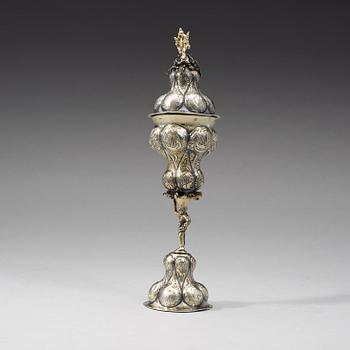 A Russian 18th century silver-gilt cup and cover, unidentified makers mark, Moscow 1760:s.