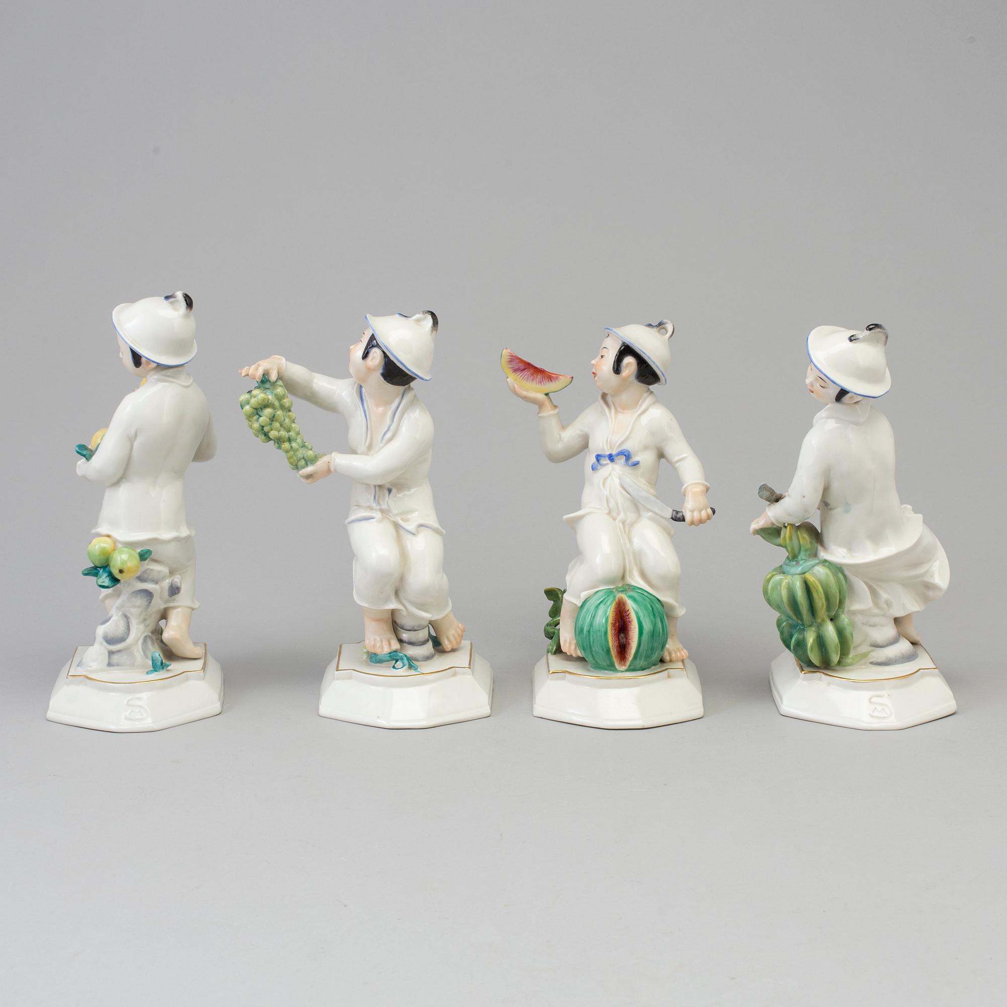 A group of four German figurines of Japanese women with fruit, Swarzburger Werstättet, Unterweissbach, Germany, 1930's.