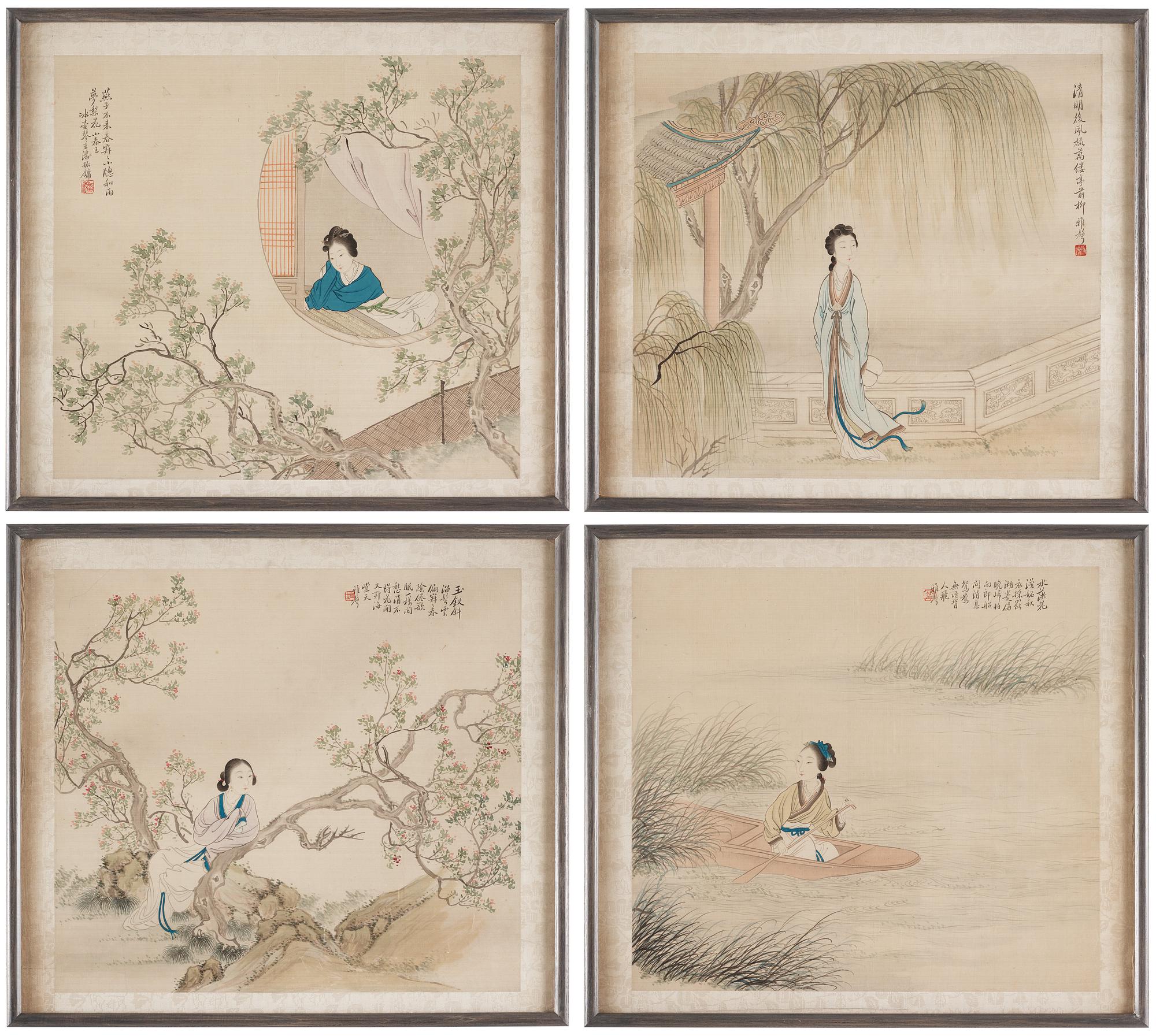 MÅLNINGAR, fyra stycken, akvarell och tusch på silke, sen Qingdynasti, attibuerad till Pan Zhenyong (1852-1921).