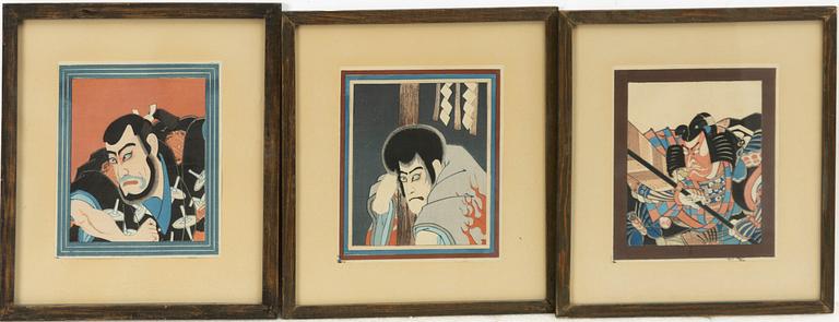 Japanska träsnitt, 19 stycken, med två försättsblad, Japan, 1900-talets första hälft.