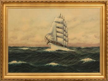 Unknown artist 20th century, Three-masted ship at sea.