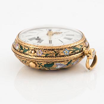 A 20k gold and enamel pocket watch by J-B Dutertre, the case by F. Bergs, Stockholm 1754.
