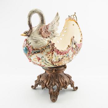 Jardinière/bowl on foot Neo-Rococo early 20th century majolica and metal.