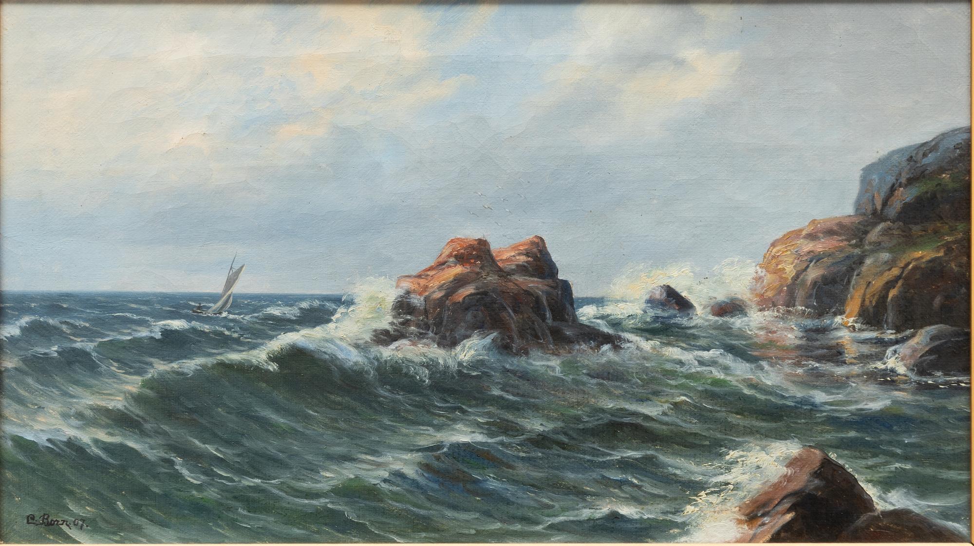 Unknown artist, 20th century, Sailing boat by the coast.