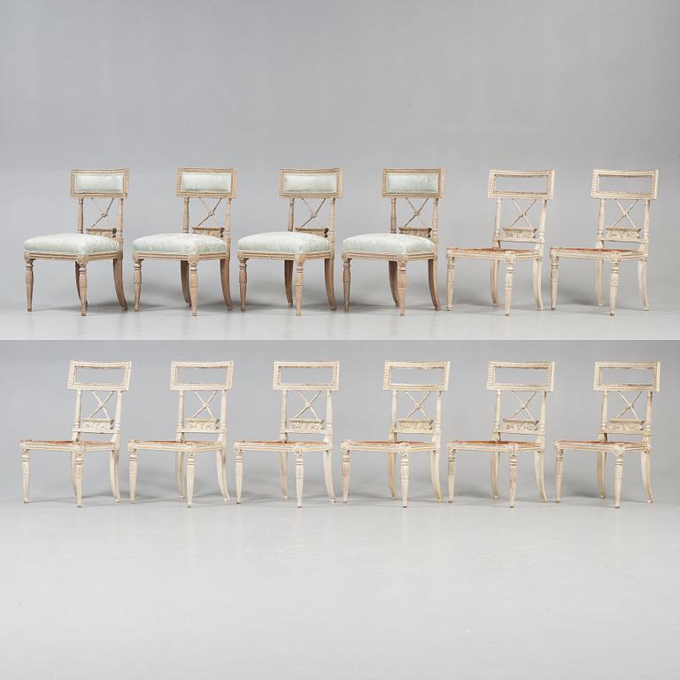 Twelve (8+4) late Gustavian early 19th century chairs. Eight chairs missing upholstery.