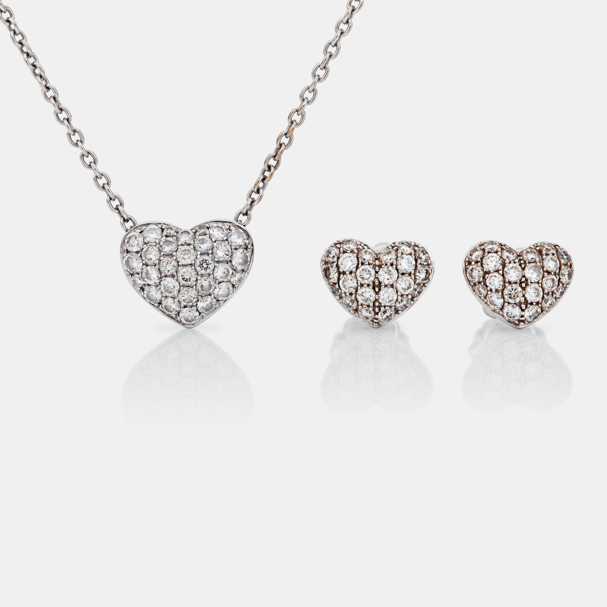A matching heart-shaped, necklace and pair of earrings, set. Total gem weight circa 0.80 ct.