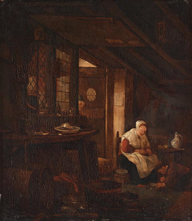 Thomas Wyck Circle of, Kitchen interior with mother and child.