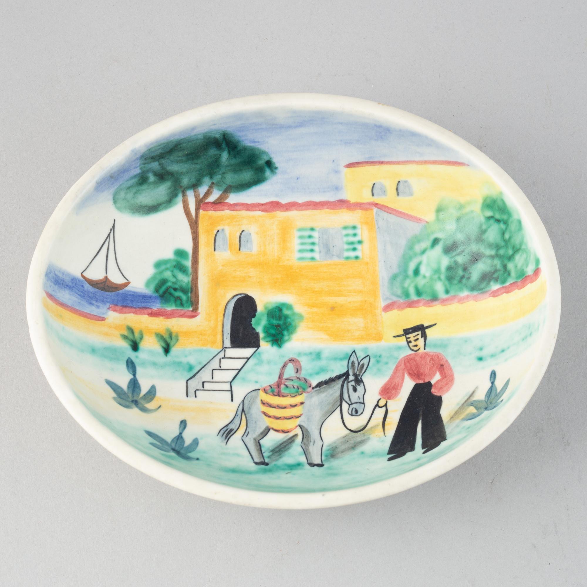 Gunnar Nylund & Heidi Heimann, a set of one ceramic vase, two dishes and a bowl for Rörstrand.