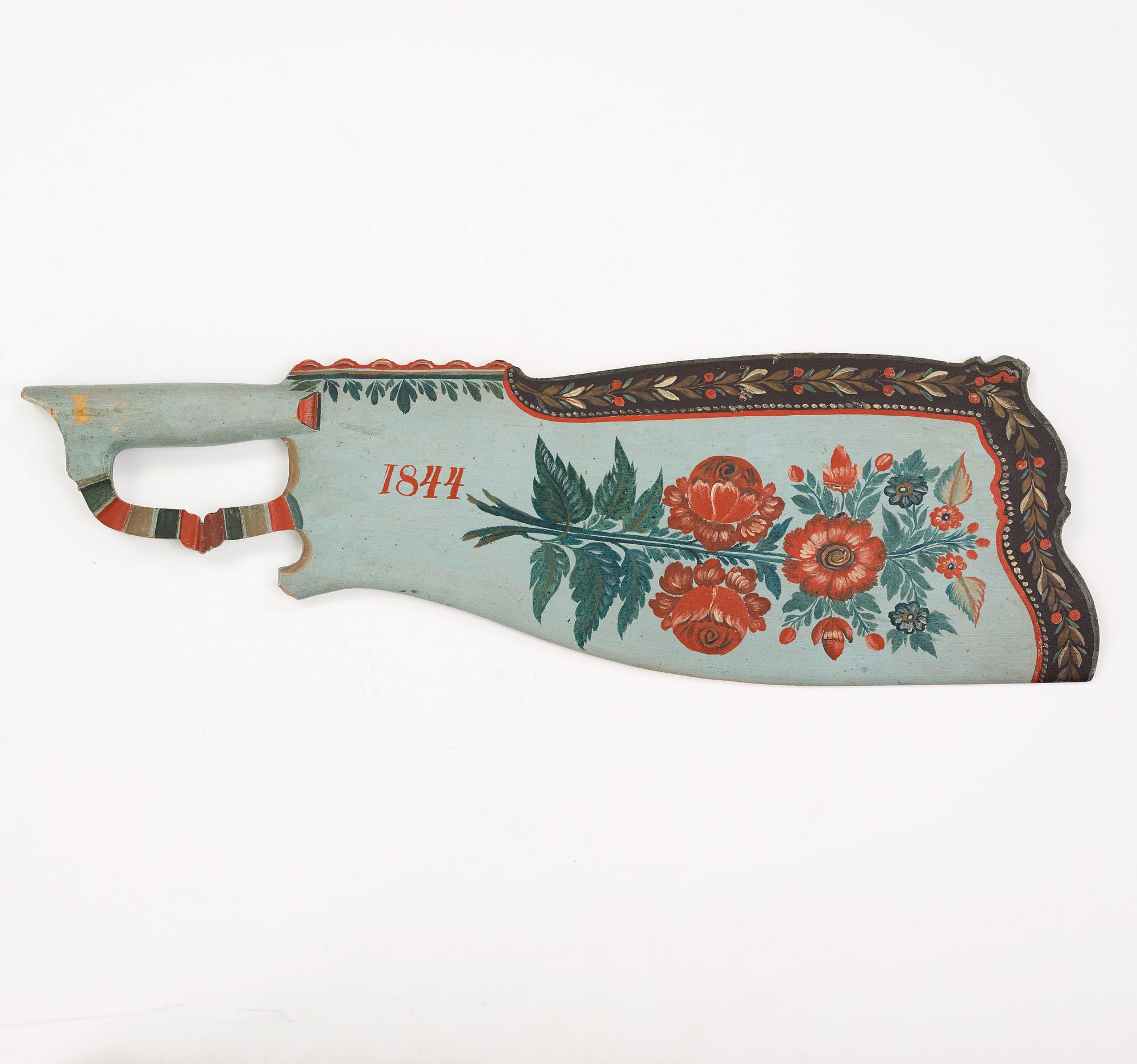 A painted traditional folk art flax knife, attributed to Per Schenler, Norrala, Hälsingland. Dated 1844.