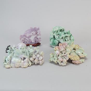 Four Chinese stone sculptures, one rose quartz, 20th century.