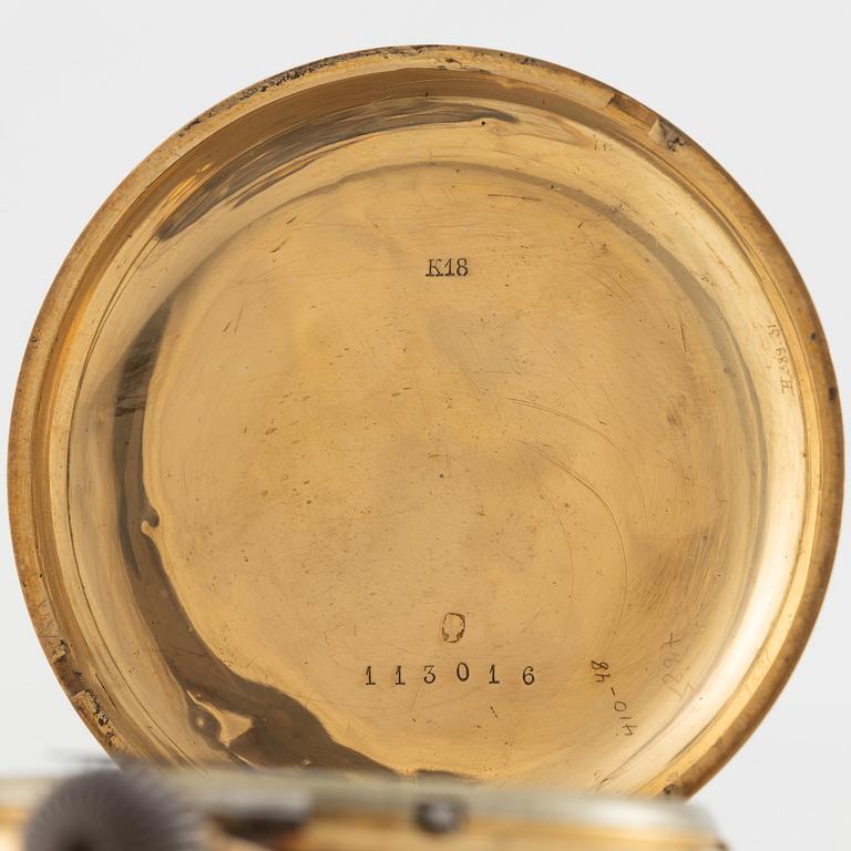 Pocket watch, 18K gold, hunter, calendar, 49.5 mm.