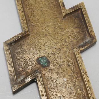 A Russian brass icon crucifix, ca turn of the century 1900.