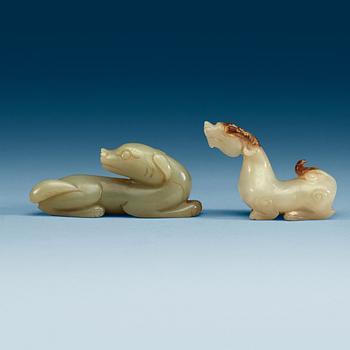 Two Chinese carved nephrite figures of a ram and a reclining dog.