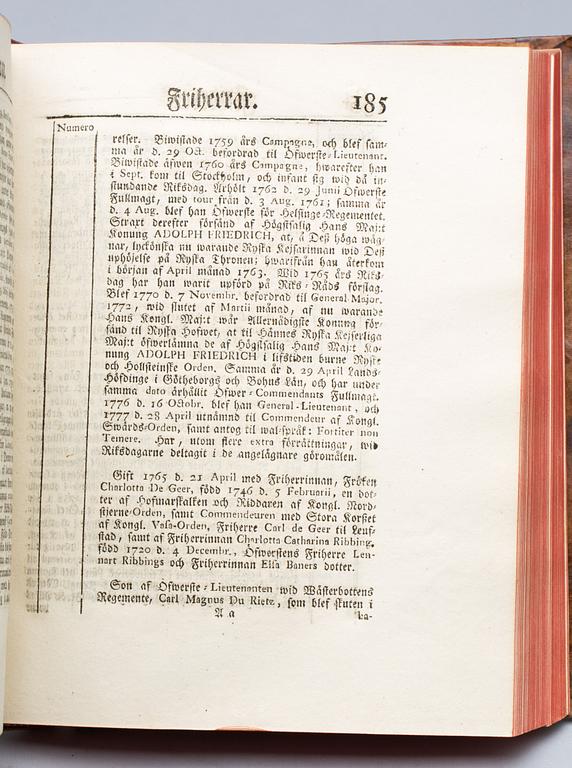 BOK, 2 vol, "Matrikel öfwer Swea Rikes Ridderskap och Adel". Tryckt hos Peter Hesselberg, Stockholm 1781-82.