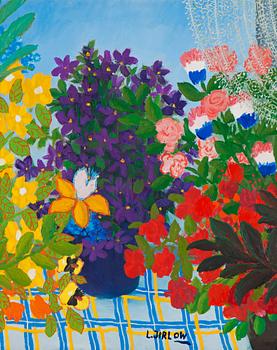 142. Lennart Jirlow, Blomsterstilleben med spetsgardin.