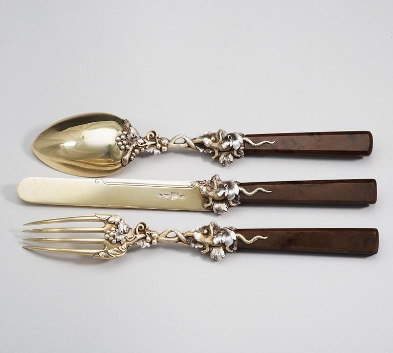 A set of three Russian 19th century parcel-gilt and jasper travel-cutlery, mark of Sasikow, Moscow 1847.