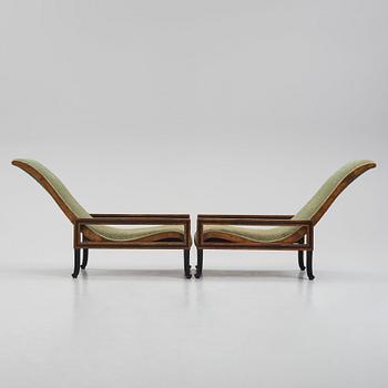 Carl Hörvik, a pair of mahogany-stained birch lounge chairs, Swedish Grace 1920s.
