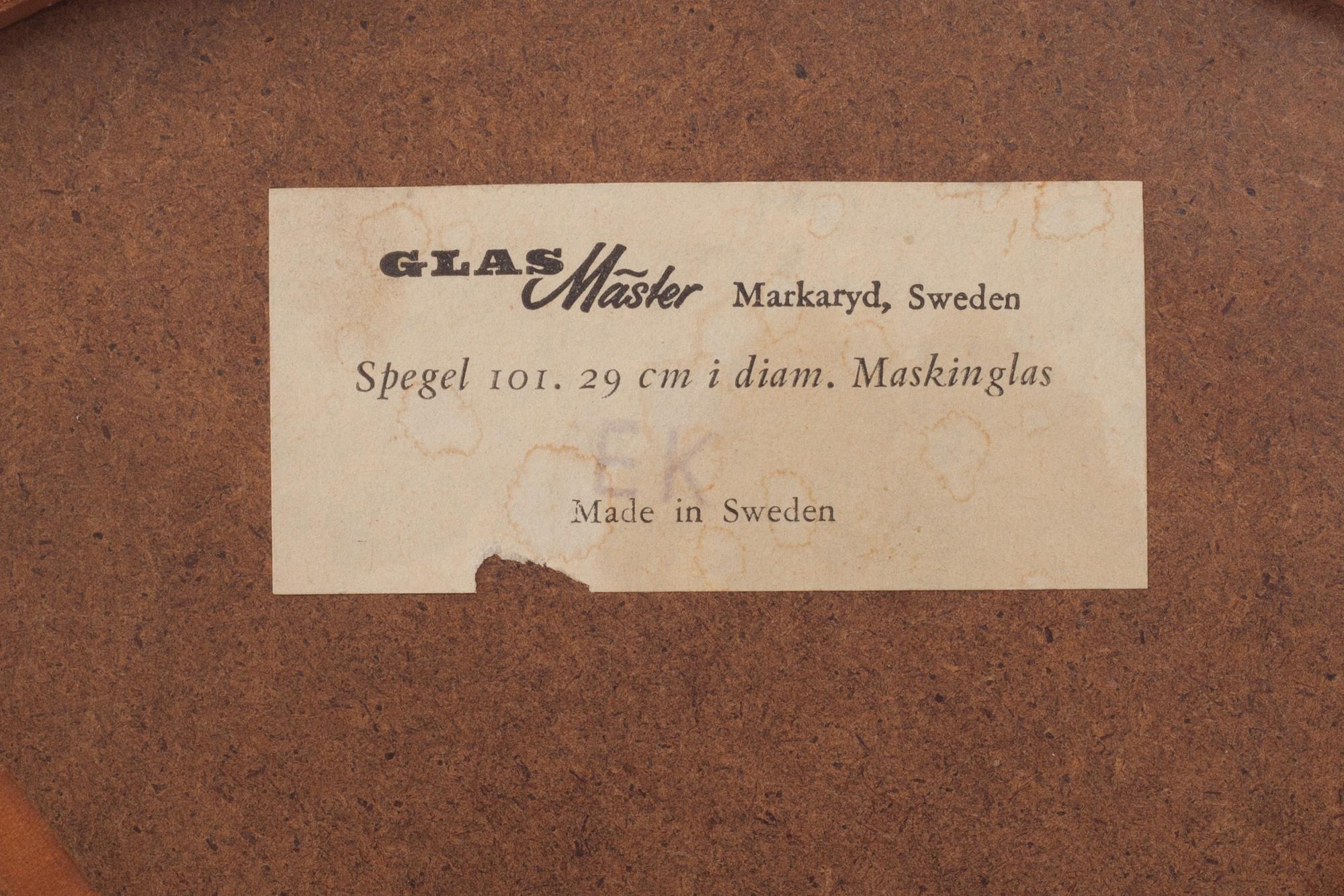SPEGEL, Glasmäster, Markaryd, etikettmärkt.
