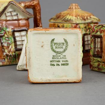 TEKANNOR, 2 st, SOCKERSKÅLAR/MARMELADBURKAR 2 st och GRÄDDKANNA, England, 1930-40-tal.