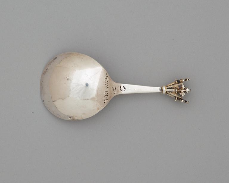 A Skandinavian 17th century parcel-gilt spoon, unidentified makers mark.