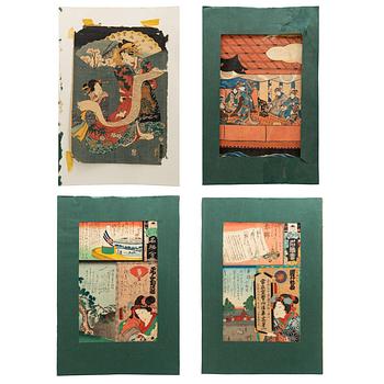 UTAGAWA KUNISADA, (1786–1864), four colored woodblock prints. Japan, 19th century.