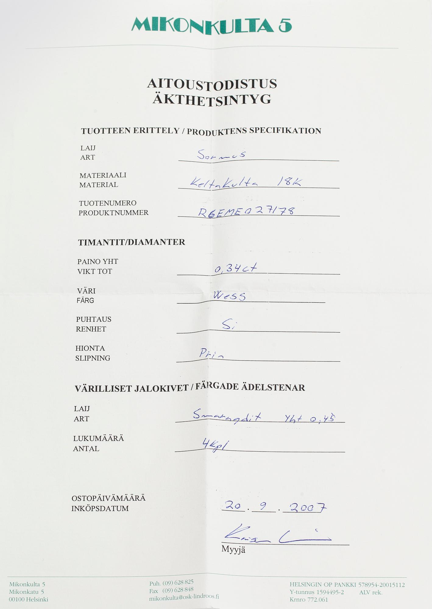 An 18K gold ring, set with emeralds and princess-cut diamonds totalling approx. 0.34 ct. Finnish import hallmarks.