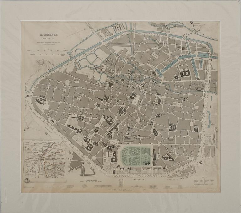 KARTOR, 4 st. Bryssel, Amsterdam, Antwerpen & Madrid. Graverade och tryckta av B.R. Davies, London. Omkring 1850-1880.