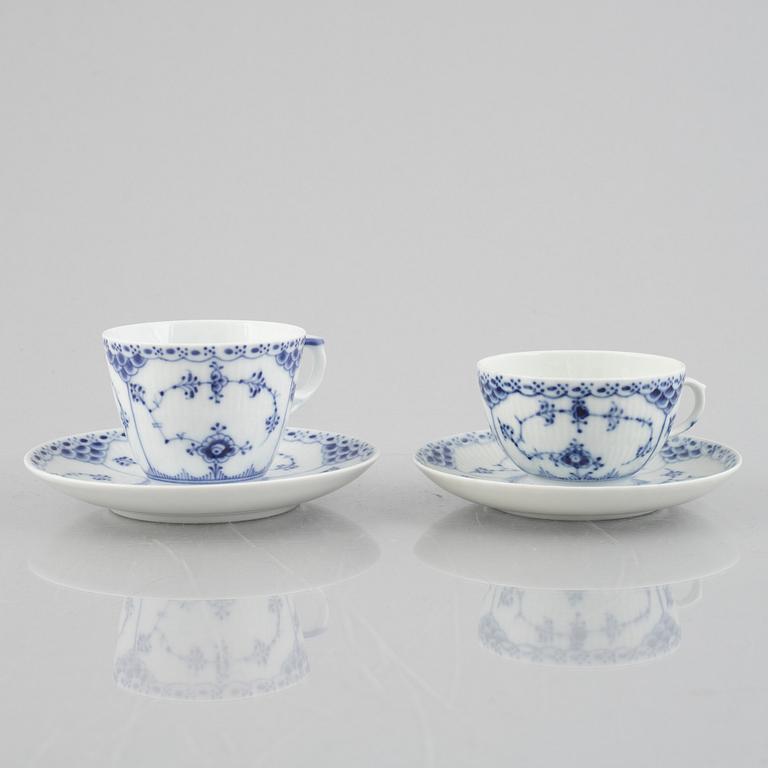 A group of five 'Blue Fluted Half Lace' / 'Musselmalet' cups with saucers, Royal Copenhagen, 20th century.