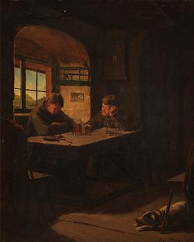 OKÄND KONSTNÄR, olja på pannå, signerad Jules Pallak/Pollak och daterad 1877.