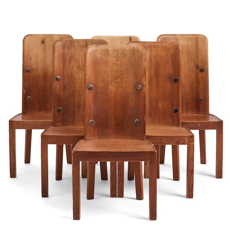 Axel Einar Hjorth, a set of 6 stained pine 'Lovö' dining chairs, Nordiska Kompaniet, Sweden 1930s.