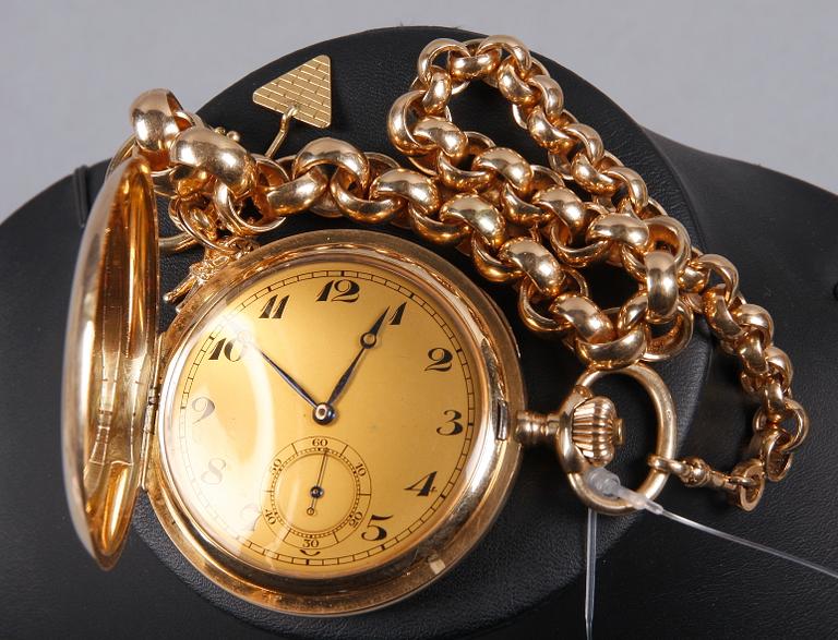 HERRFICKUR med KLOCKKEDJA, guld, 14 resp 18K, kedjans vikt 89 gram. Tidigt 1900-tal.