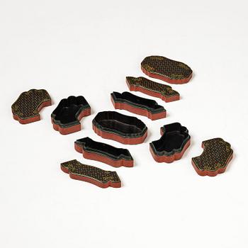 A fine carved lacquer box and cover with tianqi lacquer inset boxes and covers, Qing dynasty, Qianlong (1736-95).