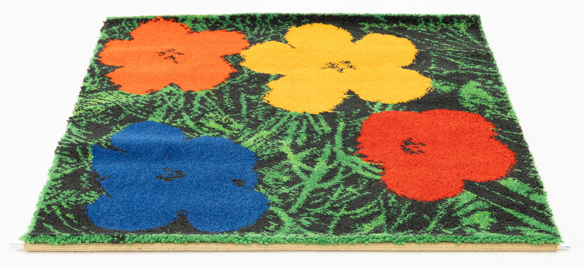 Andy Warhol, after, a tufted rug, 'Flowers Red/Blue', Ege Art Line, EGE Axminster A/S, Denmark, 1997, c. 85 x 80 cm.