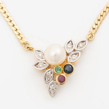 Necklace with matching earrings, 18K gold with pearls, diamonds, emeralds, rubies and sapphires.