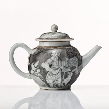 A grisaille and gold tea pot with cover, Qing dynasty, Qianlong (1736-95).