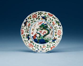 A famille verte dish, Qing dynasty, 17th Century with Chenghuas six character mark.