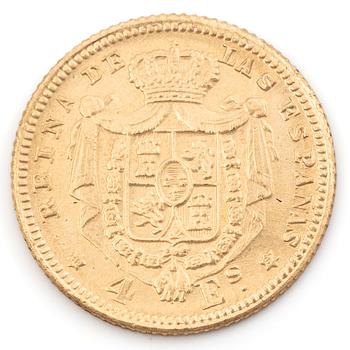 Gold coin, Spain, Isabella II, 4 Escudos, 1867.