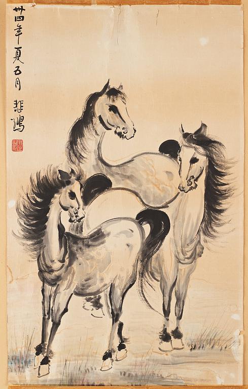 A painting 'Horses' by Xu Beihong (1895-1953), signed and dated May 1945, with the signet of the artist.