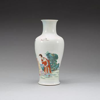 A finely painted famille rose vase, Republic (1912-49) with Qianlong's mark.