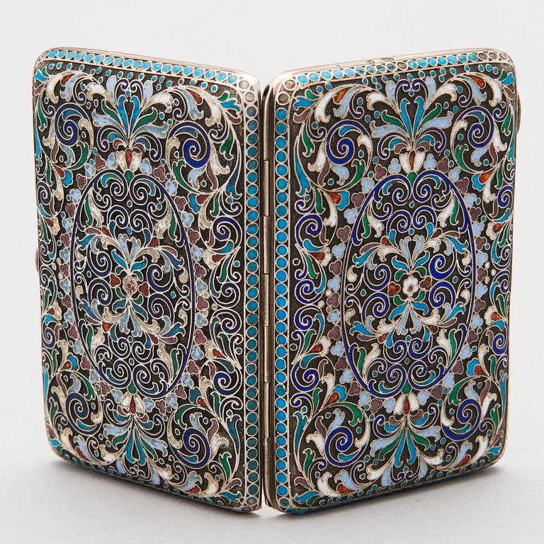 A Russian silver and cloisonné cigarette case, Moscow 1898-1914.