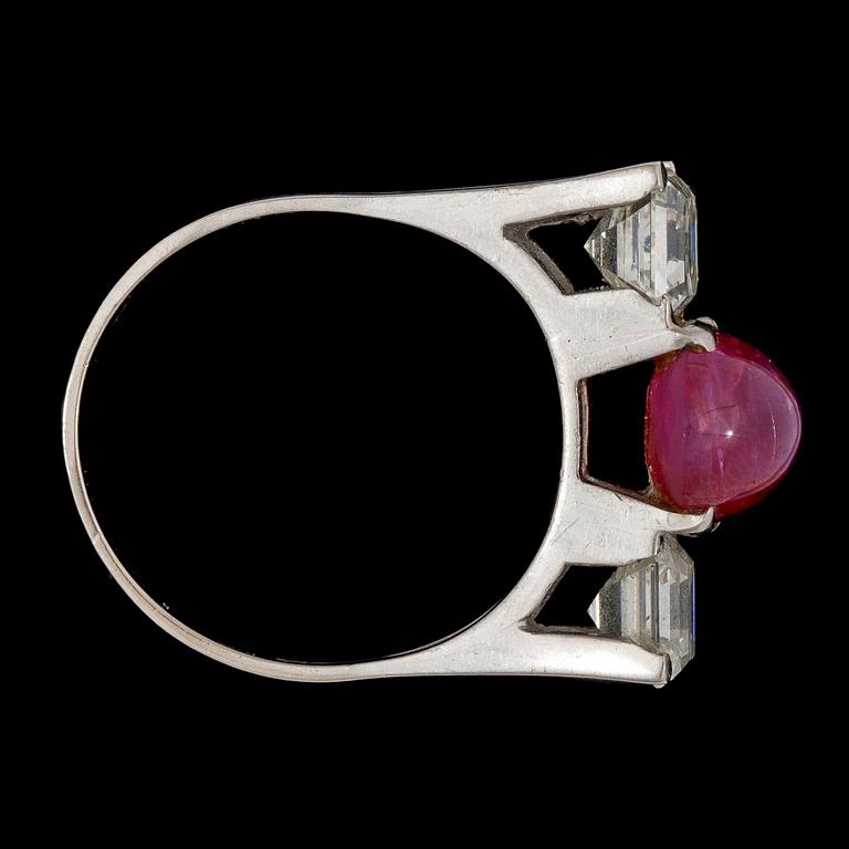A cabochon-cut ruby and Assher-cut diamond ring, each circa 1.00 ct.