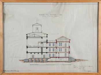 ARKITEKTRITNING, blandteknik, kopia efter original daterad 1875, kalkerad af Albert Allenius.